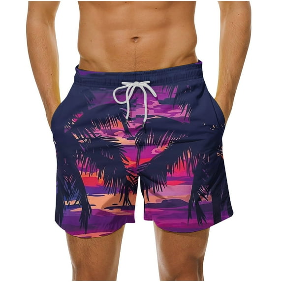 LYEAA Mens Board Shorts Swim Trunks Elastic Waist Summer Beach Big Men's Swimming Shorts Hawaiian Colorful Tree Printed Surfing Casual Athletic Trendy Comfortable Swimsuit with Pockets Purple L