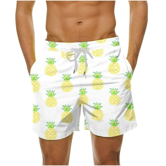 LYEAA Mens Board Shorts Swimwear Elastic Waist Summer Beach Big Men's Trunks Hawaiian Colorful Pineapple Print Drawstring Surf Shorts Casual Athletic Trendy Comfortable Swimsuit with Pockets White L
