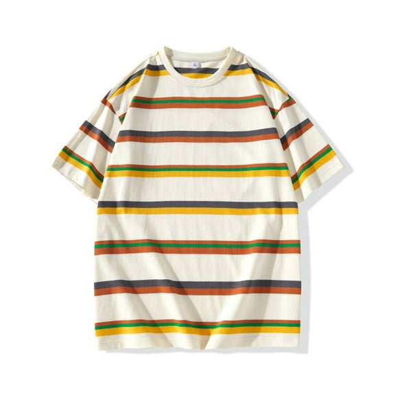 LYEAA Mens Casual Shirts Short Sleeve Crew Neck Loose Summer Pullover T-shirts Striped Soft Comfortable Breathable Men's Tops Yellow L