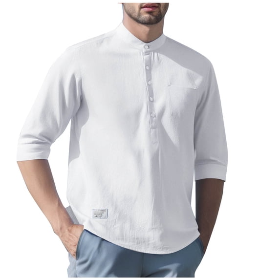 LYEAA Mens Linen Shirts Button down 3/4 Sleeve Collared Tees Solid Button down Tops Casual Holiday Clothes