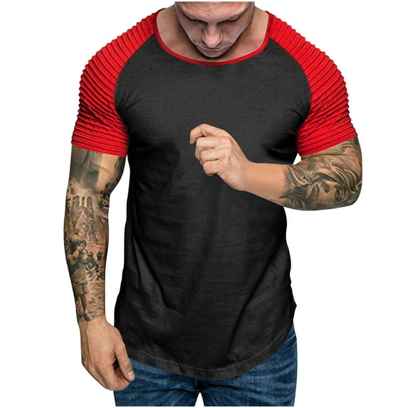LYEAA Mens Shirts Casual Stylish Short Sleeves Crew Neck Loose Summer Pullover T-shirts Color Block Soft Comfortable Breathable Men's Tops Red L