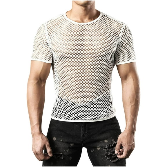 LYEAA Mens Shirts Short Sleeve Big Crewneck Mesh Pullover Summer Tees Solid Sheer Fishnet Casual Fitted Outdoor Tee Tops Breathable Comfortable Soft Daily Clothes White S
