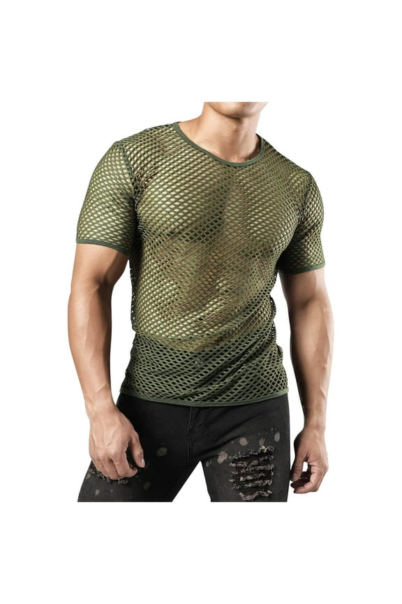 Mens Shirts Short Sleeve Big Crewneck Mesh Pullover Summer Tees Solid Sheer Fishnet Casual Fitted Outdoor Tee Tops Breathable Comfortable Soft Daily Clothes Green L