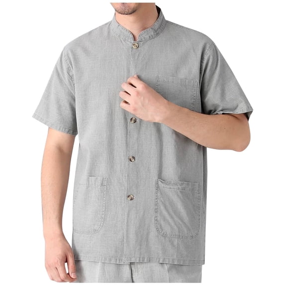 LYEAA Mens Shirts Short Sleeve Summer Linen Collared Tees Solid Button down Tops Breathable Loose Casual Clothes