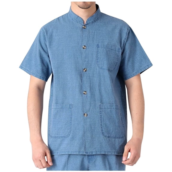 LYEAA Mens Shirts Short Sleeve Summer Linen Collared Tees Solid Button down Tops Breathable Loose Casual Clothes