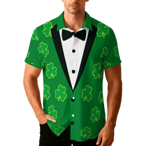 LYEAA Mens St.Patricks Day Shirt Collared Short Sleeve Shirt Clover Print Lightweight Button down Blouses Holiday Tops