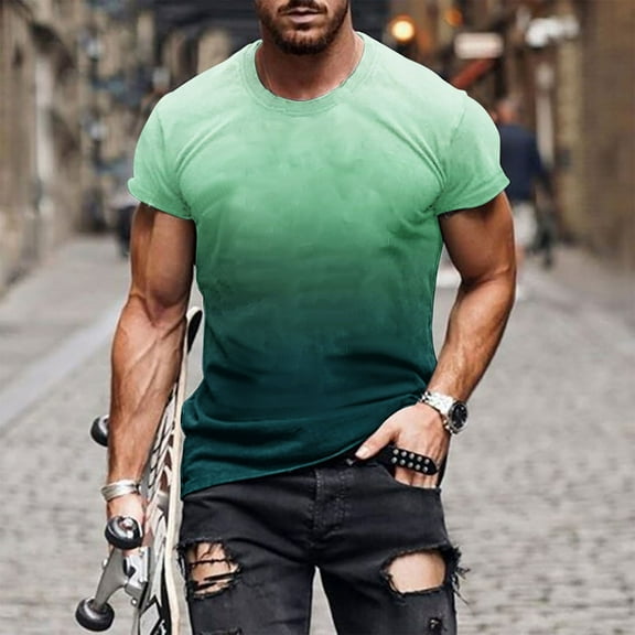 LYEAA Mens Summer Shirts Short Sleeve Crew Neck Beach Loose Pullover T-shirts Gradient Casual Soft Comfortable Breathable Men's Tops Green M