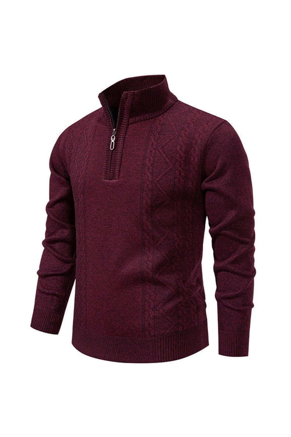 Mens Sweaters for the Winter Collared Long Sleeve Chunky Knit Tops Solid Half Zip Sweaters Dressy Fall Clothes Wine 4XL