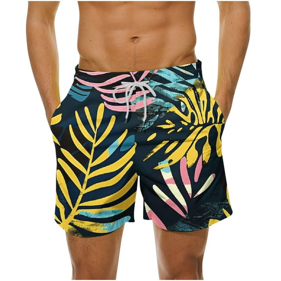 LYEAA Mens Swimwear Trunks Elastic Waist Summer Beach Big Men's Shorts Hawaiian Colorful Leaf Print Drawstring Surf Board Shorts Casual Athletic Fashion Comfort Swimsuit Bathing Suit with Pockets L