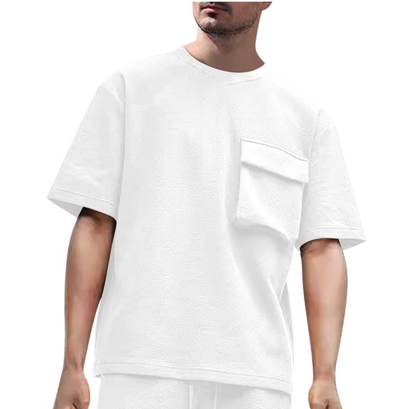LYEAA Mens T-Shirts with Pocket Short Sleeves Crewneck Pullover Summer Tees Solid Fashion Casual Loose Outdoor Tee Tops Breathable Comfortable Soft Daily Clothes White M