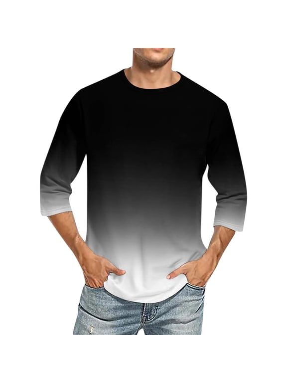Mens T Shirts Summer 3/4 Sleeves Crew Neck Athletic Workout Loose Pullover T-shirts Gradient Training Casual Soft Comfortable Breathable Men's Tops Black 2XL