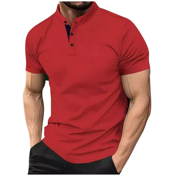 LYEAA Mens Tees Short Sleeve Big Crewneck Button Summer T-Shirts Solid Fashion Casual Outdoor Tee Tops Breathable Comfortable Soft Everyday Clothes Red L