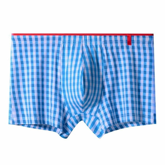 LYEAA Mens Underwear Boxers 100% Cotton Soft Breathable Trunks Plaid Plus Loose Comfortable Athletic Underpants Elastic Waistband Fashion Support Pouch Briefs No fly Blue XL
