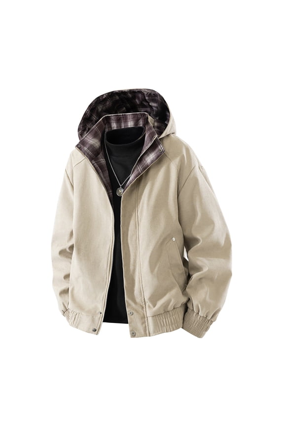 Mens Workwear Jacket Detachable Hood Zip up Checkered Patchwork Long Sleeve Outwear Coat