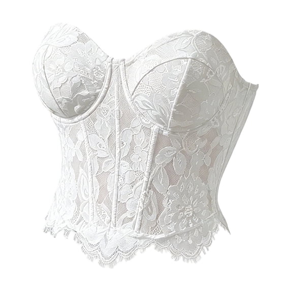 LYEAA Mesh Floral Embroidered Corset Strapless Steel Ring Overbust Bustier Top Lace Push up Crop Shapewear Going out Club Tops
