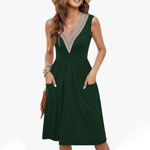 LYEAA Midi Dresses for Women Plus Size Sleeveless Casual Elegant Loose Dresses V Neck Solid Fashion Flowy Summer Cool Beach Vacation Comfortable Dresses Green XL