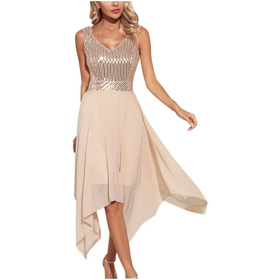 LYEAA Midi Dresses for Women Wedding Guest Sleeveless V Neck Sequin Mesh Dress Flowy Elegant Dress Color Block Patchwork Dress Irregular Dress Fashion Holiday Party Club Dress Ball Gown Beige XL