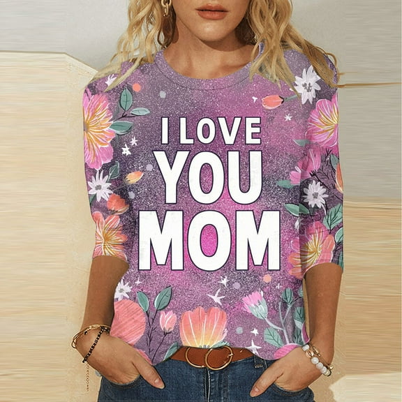 LYEAA Mother's Day Special Printed 3/4 Sleeve Tops for Women Round Neck Casual Blouse Soft Stretchy Fabric Summer T-Shirt Floral Holiday Gift Pink L