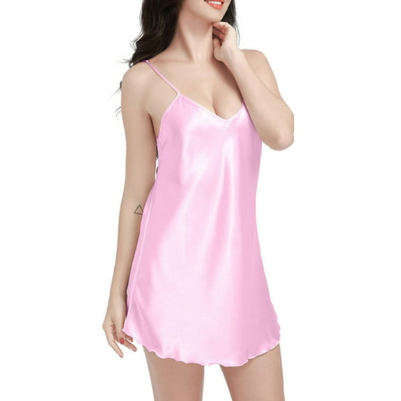LYEAA Nightgowns Satin for Women Sleeveless Plus Size Cozy Summer Sling Short Night Gowns Chemise Solid V Neck Loose Casual Soft Pajamas Sleepwear Loungewear Fashion Elegant Women's Nightdress Pink L