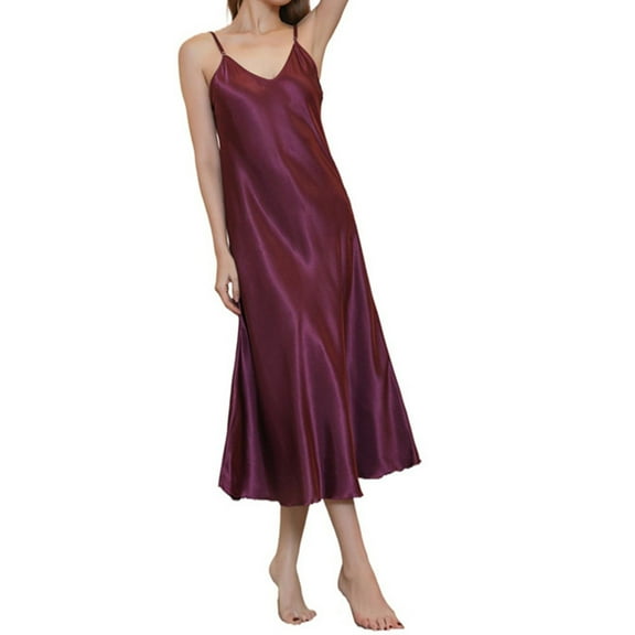 LYEAA Nightgowns for Women Plus Size Sleeveless Satin Cozy Summer Sling Long Night Gowns Solid V Neck Loose Casual Soft Pajamas Sleepwear Loungewear Fashion Elegant Women's Nightdress Purple 2XL