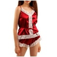thumbnail image 1 of LYEAA Nightwear for Ladies Valentine's Day Two-piece Soft Satin Pajamas Set Lace V Neck Sling Tops with Shorts Cozy Loungewear Solid Loose Casual Sleepwear Sleepsuits Red M, 1 of 6