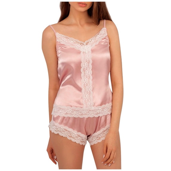 LYEAA Nightwear for Ladies Valentine's Day Two-piece Soft Satin Pajamas Set Lace V Neck Sling Tops with Shorts Cozy Loungewear Solid Loose Casual Sleepwear Sleepsuits Pink XL
