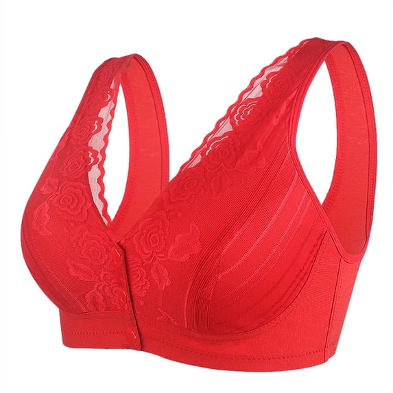 LYEAA No Wire Bras for Women Button from Front Plus Size Wireless Push Up Bras Wide Strap Bras Lift Shape Bralette Soild Lace Breathable Soft Bras Comfortable Everyday Bras T-Shirt Bras Red