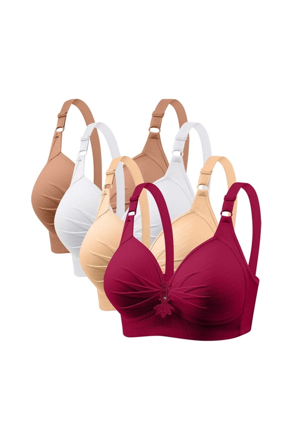 No Wire Bras for Women Pack of 4 Soft Comfortable Bras Wireless Breathable Everyday Bra All Coverage Push up Bralette Fashion Solid Plus Size Bra Style with Adjustable Straps