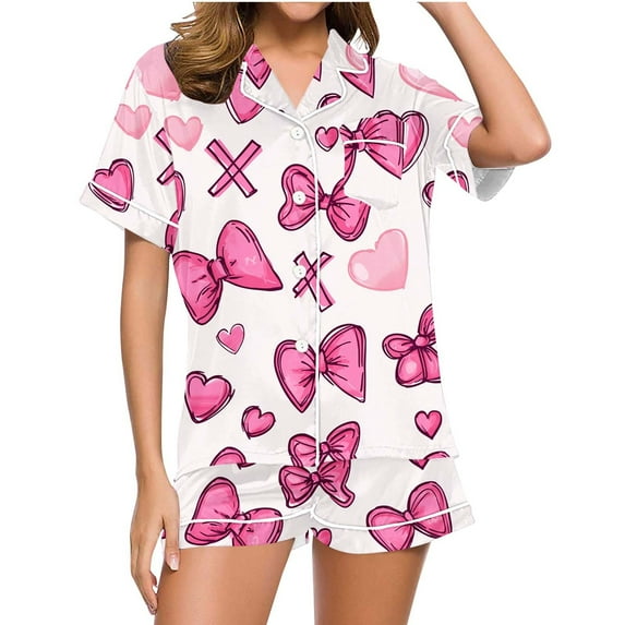 LYEAA Pajama Sets for Women Shorts Heart Print Lapel Short Sleeve Button Down Shirt and Pant Sleepwear Holiday Nightwear