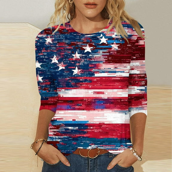 LYEAA Patriotic Theme 3/4 Sleeve Tops for Women Red White Blue Print Round Neck Cotton T-Shirt Fourth of July Casual Summer Blouse Red M