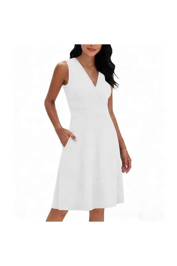 Pleated Dress for Women Summer V Neck Sleeveless Pleated Bodycon Dresses Knee Length Sundress with Pockets