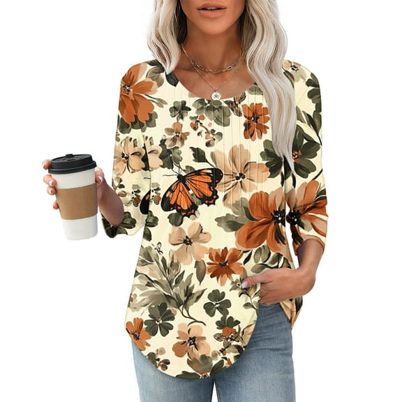 LYEAA Plus Size 3/4 Length Sleeve Tops for Women Soft Linen Blend T-Shirt, Loose Fit Round Neck Casual Summer Top Multicolor M