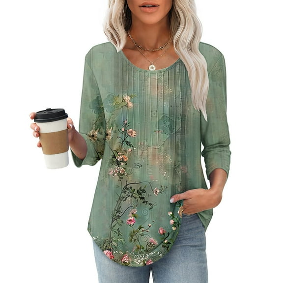 LYEAA Plus Size 3/4 Sleeve Blouse for Women, Artistic Print Crew Neck Pleated Front Tops, Stretchy Fabric Casual Spring Wear Multicolor S