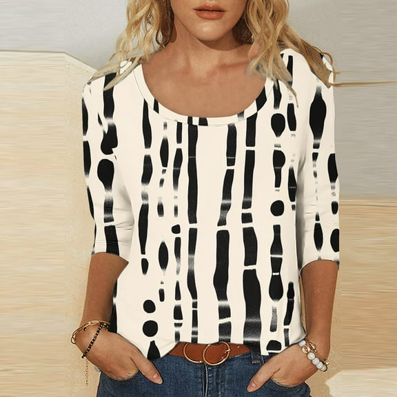 LYEAA Plus Size 3/4 Sleeve Tops for Women Printed Round Neck Casual Shirt Loose Fit Cotton Blend Beachwear with Side Slits Multicolor XXL