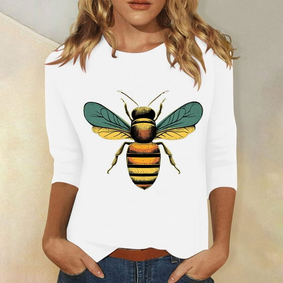LYEAA Plus Size 3/4 Sleeve Women Shirt Round Neck Loose Fit Bee Day Celebration Top with Pockets White XXL