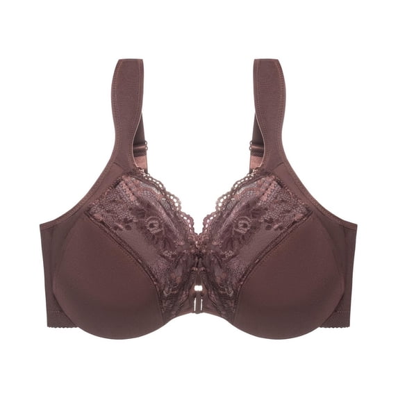 LYEAA Plus Size Bras Underwire Push Up Bras Front Closure Adjustable Strap Bras Lift Shape Bralette Soild Lace Breathable Soft Bras Comfortable Everyday Bras T-Shirt Bras for Women Brown