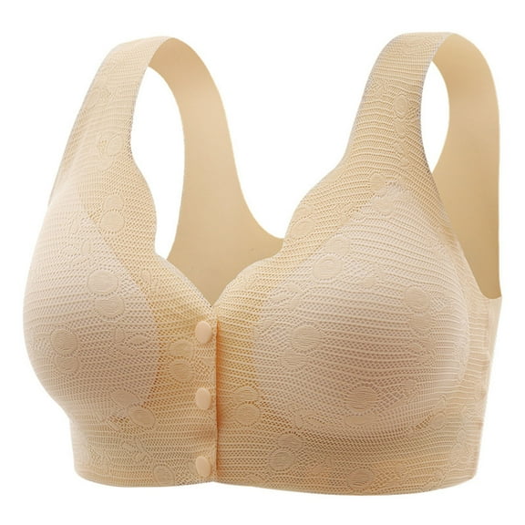 LYEAA Plus Size Bras No Wire Front Closures Lace Push up Padded Wireless Daily Bras Wirefree Wide Strap Lift Soft Bralette Breathable Comfort Womens Sleeping Bras for Elderly Beige XL