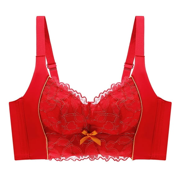 LYEAA Plus Size Bras for Women Push up with Lace Padded Wireless Daily Bras Wirefree Adjustable Strap Lift Soft Bralette No Wire Breathable Comfort Sleeping Bras Red 40/90C