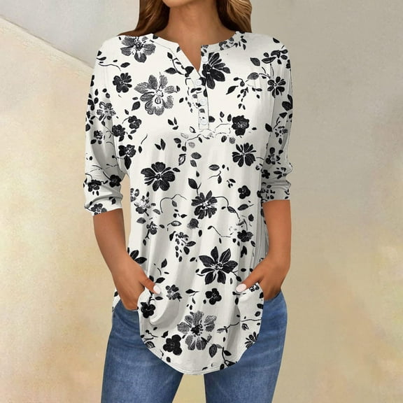LYEAA Plus Size Floral Pattern 3/4 Sleeve Button Up Blouse Round Neck Women Tops Elastic Waistband for Comfortable All Day Wear Multicolor M