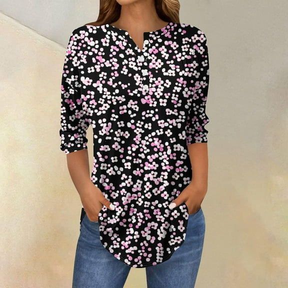 LYEAA Plus Size Floral Print 3/4 Sleeve Button Front Blouse Round Neck Women Tops Elastic Cuffs Breathable Cotton for Maternity Daily Use Multicolor S