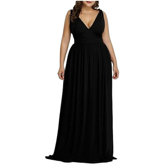 LYEAA Plus Size Formal Dresses for Women for Guest at Wedding Sleeveless V Neck Maxi Dress Flowy Elegant Homecoming Dress Solid Color Dress Fashion Holiday Party Dress Ruched Ball Gown Black XXL