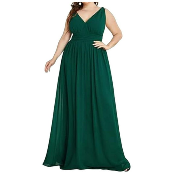 LYEAA Plus Size Formal Dresses for Women for Guest at Wedding Sleeveless V Neck Maxi Dress Flowy Elegant Homecoming Dress Solid Color Dress Fashion Holiday Party Dress Ruched Ball Gown Green S