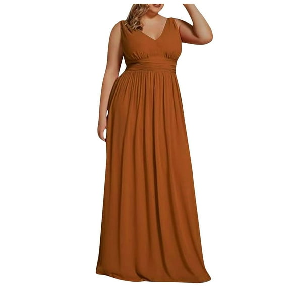 LYEAA Plus Size Formal Dresses for Women for Guest at Wedding Sleeveless V Neck Maxi Dress Flowy Elegant Homecoming Dress Solid Color Dress Fashion Holiday Party Dress Ruched Ball Gown Brown S