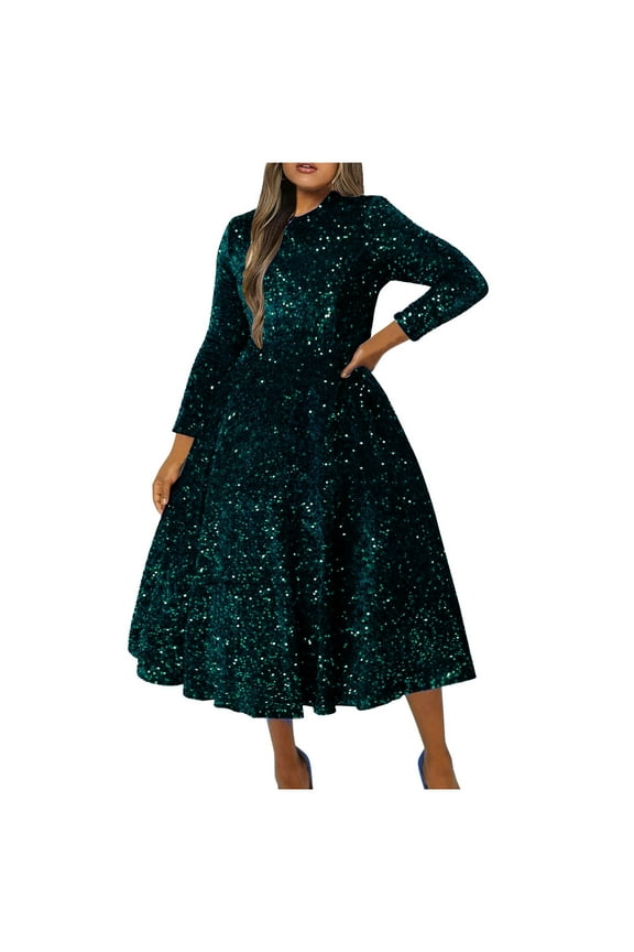 Plus Size Formal Dresses for Women Long Sleeve Crew Neck Glitter Sequin Long Dress Flowy Elegant Dress Solid Color High Waist Evening Gown Cocktail Dress Fashion Dress Dress Green XXXL