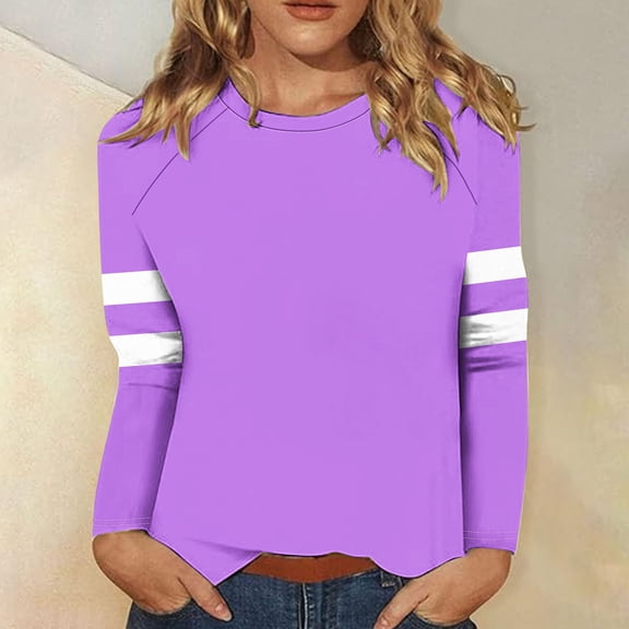 LYEAA Plus Size Long Sleeve Tshirts Warm Crew Neck Tops Stylish Striped Winter Pullover Comfortable Dressy Casual Outfits Loose Lightweight Clothes for Women Purple M