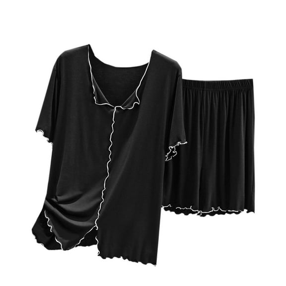 LYEAA Plus Size Pajamas for Women Set Valentine's Day Two-piece Soft Nightwear Short Sleeve Tops with Shorts Cozy Loungewear Ladies Solid Loose Casual Sleepwear Sleepsuits Black L