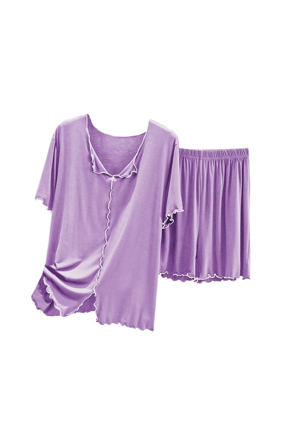 Plus Size Pajamas for Women Set Valentine's Day Two-piece Soft Nightwear Short Sleeve Tops with Shorts Cozy Loungewear Ladies Solid Loose Casual Sleepwear Sleepsuits Purple 3XL