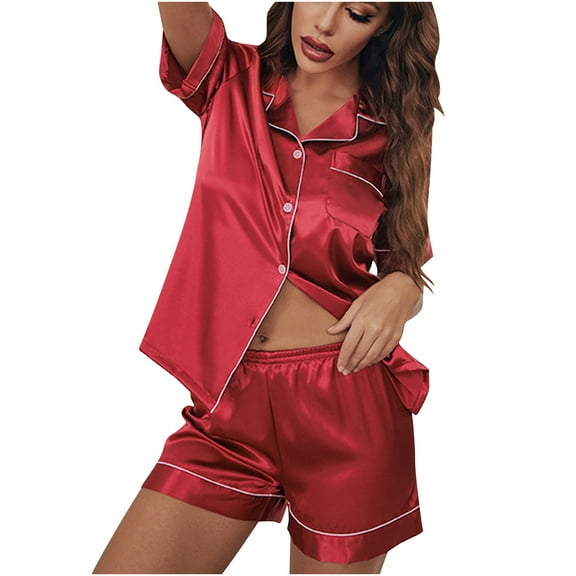 LYEAA Plus Size Pajamas for Women Valentine's Day Two Piece Soft Ice Silk Nightwear Set Short Sleeve Shirts with Shorts Cozy Button Loungewear Ladies Solid Loose Casual Sleepwear Sleepsuits Red 3XL