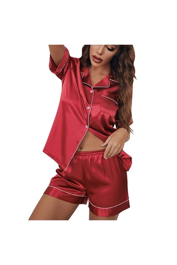 Plus Size Pajamas for Women Valentine's Day Two Piece Soft Ice Silk Nightwear Set Short Sleeve Shirts with Shorts Cozy Button Loungewear Ladies Solid Loose Casual Sleepwear Sleepsuits Red 3XL