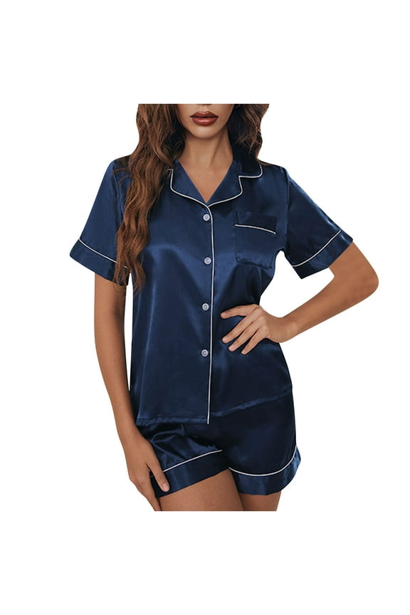 Plus Size Pajamas for Women Valentine's Day Two Piece Soft Ice Silk Nightwear Set Short Sleeve Shirts with Shorts Cozy Button Loungewear Ladies Solid Loose Casual Sleepwear Sleepsuits Blue 2XL